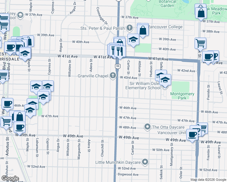 map of restaurants, bars, coffee shops, grocery stores, and more near 6045 Granville Street in Vancouver