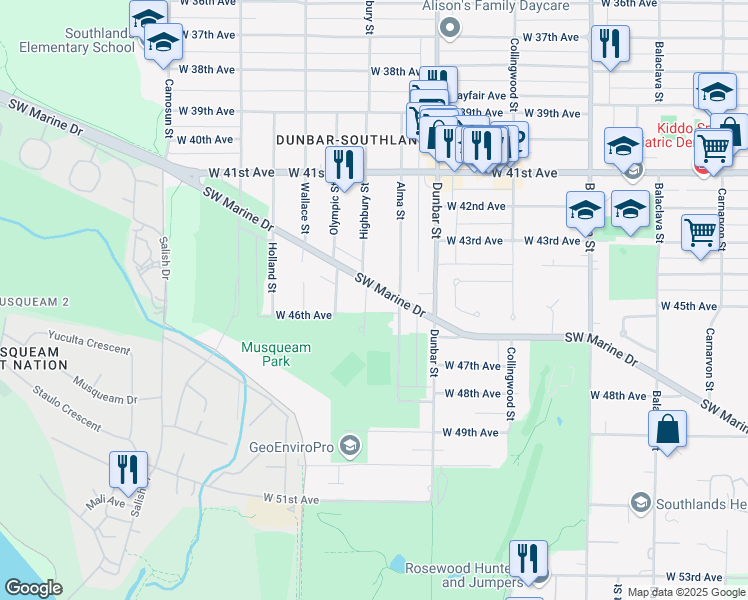 map of restaurants, bars, coffee shops, grocery stores, and more near 6076 Highbury Street in Vancouver