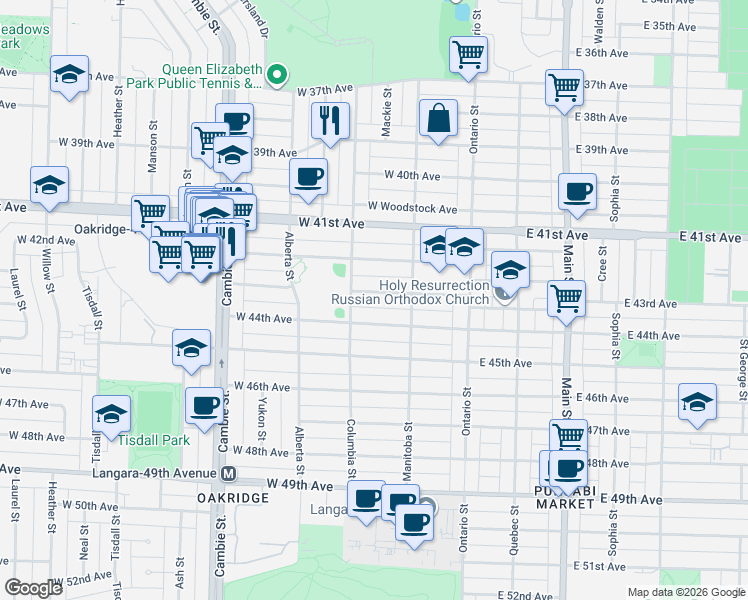 map of restaurants, bars, coffee shops, grocery stores, and more near 162 West 43rd Avenue in Vancouver