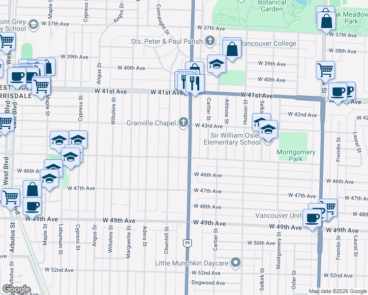 map of restaurants, bars, coffee shops, grocery stores, and more near in Vancouver
