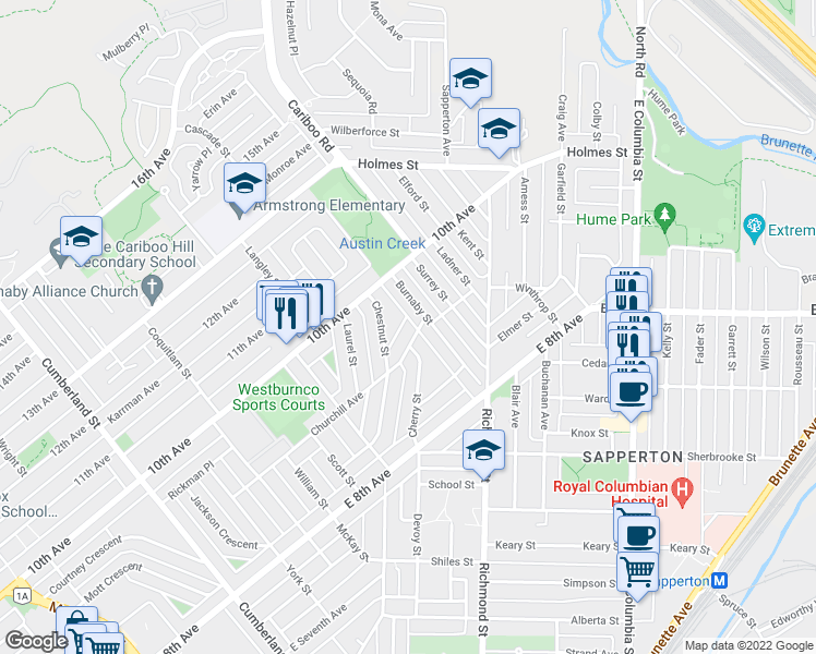 map of restaurants, bars, coffee shops, grocery stores, and more near 343 Churchill Avenue in New Westminster