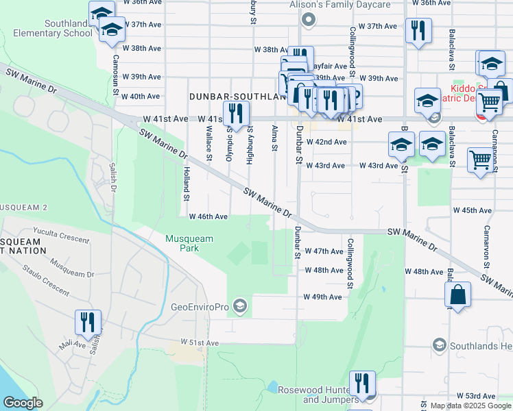 map of restaurants, bars, coffee shops, grocery stores, and more near 6076 Highbury Street in Vancouver