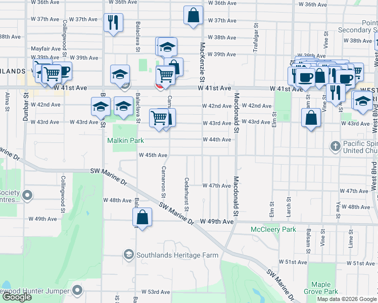 map of restaurants, bars, coffee shops, grocery stores, and more near 2937 West 45th Avenue in Vancouver