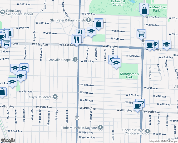 map of restaurants, bars, coffee shops, grocery stores, and more near 6030 Cartier Street in Vancouver