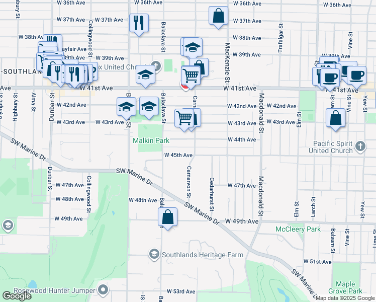 map of restaurants, bars, coffee shops, grocery stores, and more near 3029 West 45th Avenue in Vancouver