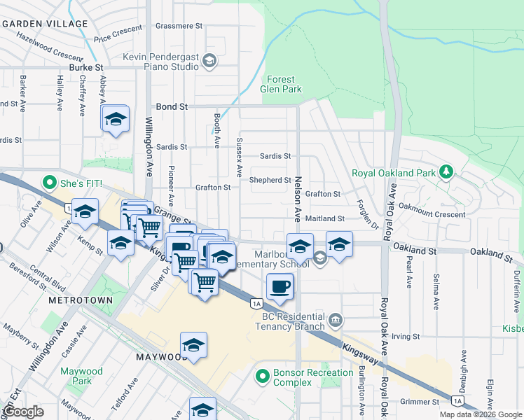 map of restaurants, bars, coffee shops, grocery stores, and more near 4790 Harley Court in Burnaby