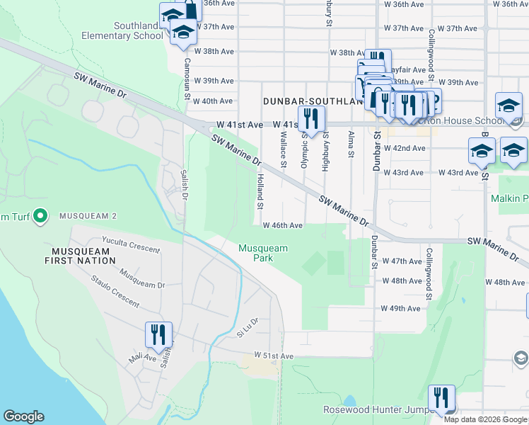 map of restaurants, bars, coffee shops, grocery stores, and more near 6076 Holland Street in Vancouver
