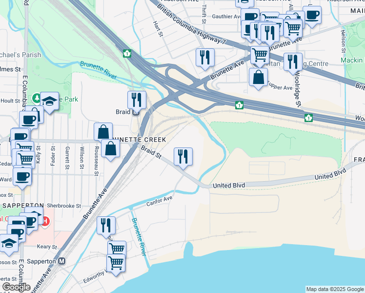 map of restaurants, bars, coffee shops, grocery stores, and more near 55 Braid Street in New Westminster