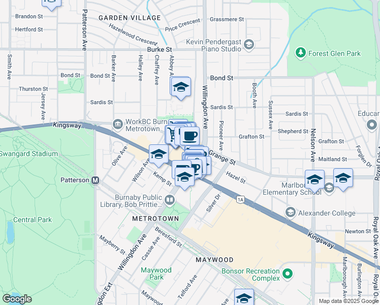 map of restaurants, bars, coffee shops, grocery stores, and more near 4469 Kingsway in Burnaby