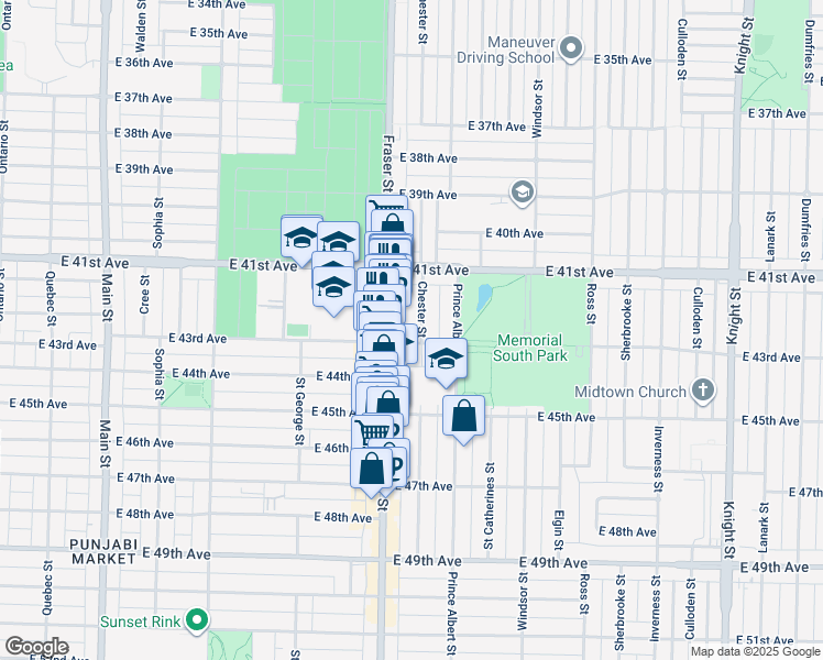 map of restaurants, bars, coffee shops, grocery stores, and more near 5875 Chester Street in Vancouver