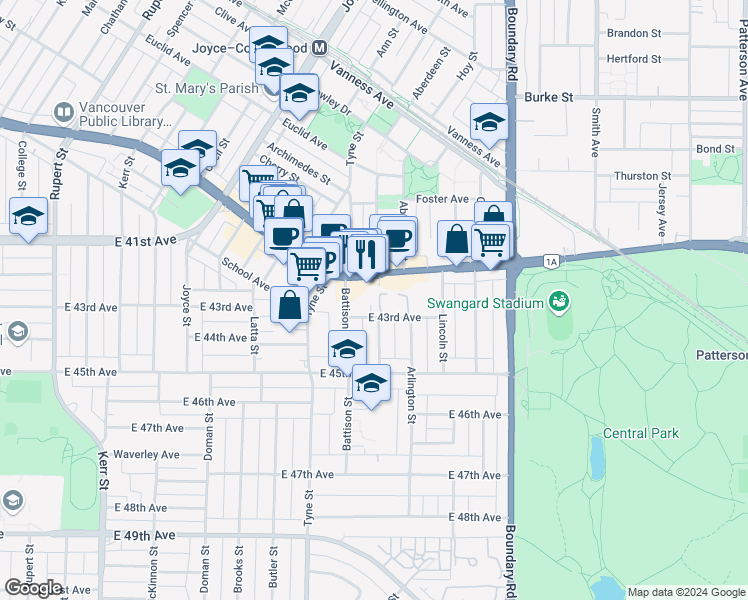 map of restaurants, bars, coffee shops, grocery stores, and more near in Vancouver
