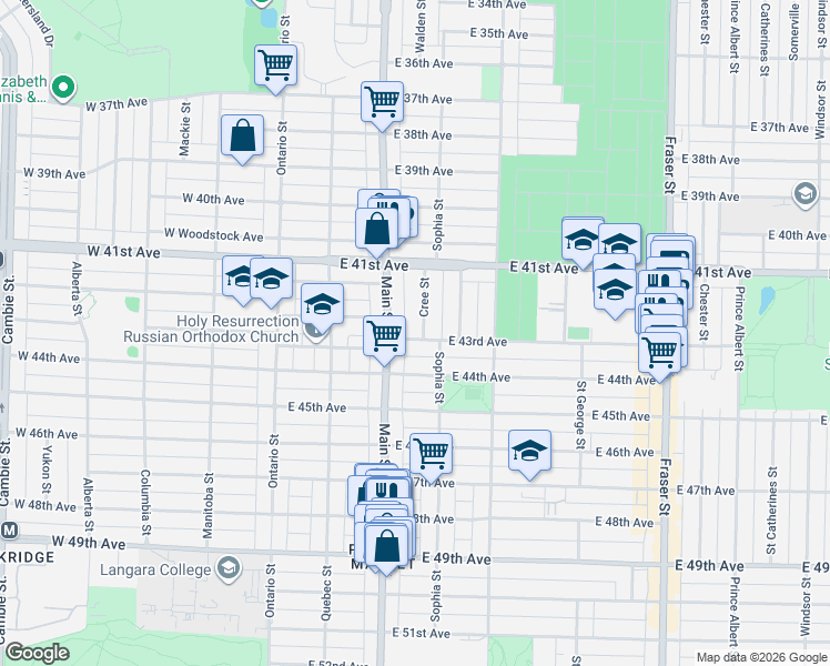 map of restaurants, bars, coffee shops, grocery stores, and more near 5895 Cree Street in Vancouver