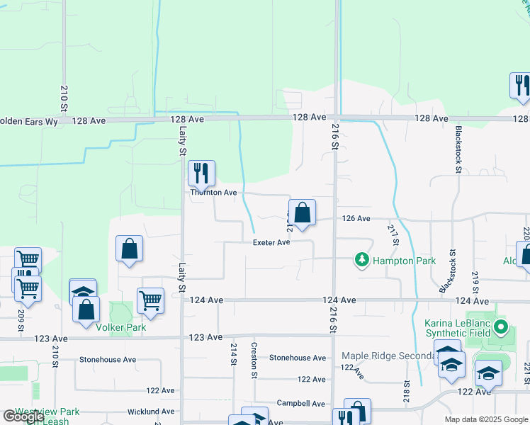 map of restaurants, bars, coffee shops, grocery stores, and more near 21469 126 Avenue in Maple Ridge