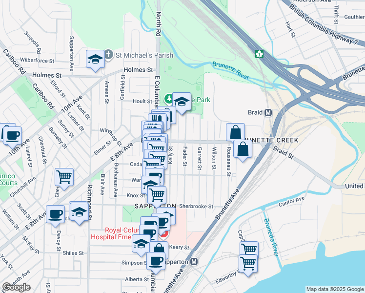 map of restaurants, bars, coffee shops, grocery stores, and more near 467 Fader Street in New Westminster