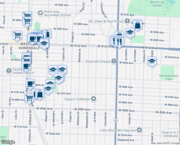 map of restaurants, bars, coffee shops, grocery stores, and more near 6038 Marguerite Street in Vancouver