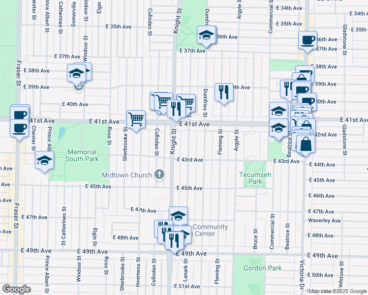 map of restaurants, bars, coffee shops, grocery stores, and more near 5849 Lanark Street in Vancouver