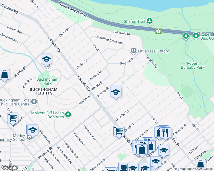 map of restaurants, bars, coffee shops, grocery stores, and more near 7811 Berkley Street in Burnaby