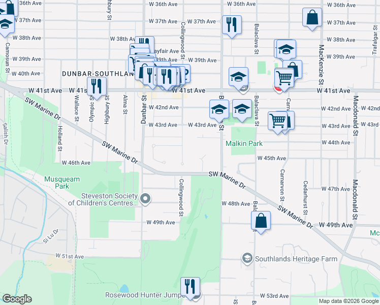 map of restaurants, bars, coffee shops, grocery stores, and more near 6044 Collingwood Street in Vancouver