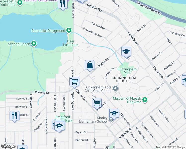 map of restaurants, bars, coffee shops, grocery stores, and more near 7426 Burris Street in Burnaby