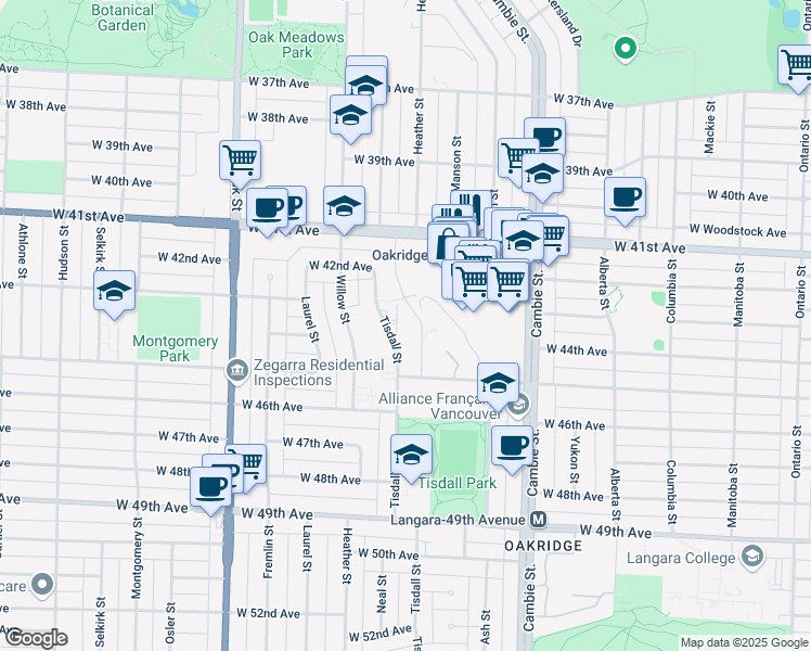 map of restaurants, bars, coffee shops, grocery stores, and more near 5976 Tisdall Street in Vancouver