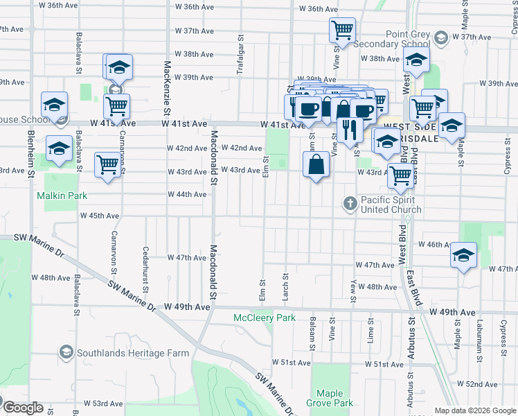 map of restaurants, bars, coffee shops, grocery stores, and more near 6081 Elm Street in Vancouver