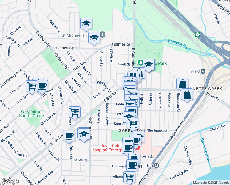 map of restaurants, bars, coffee shops, grocery stores, and more near 312 East 8th Avenue in New Westminster