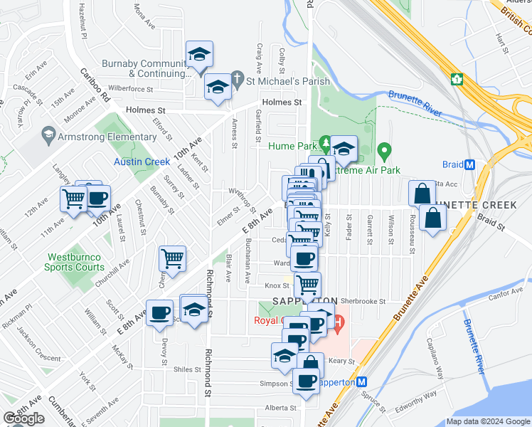 map of restaurants, bars, coffee shops, grocery stores, and more near 404 East 8th Avenue in New Westminster