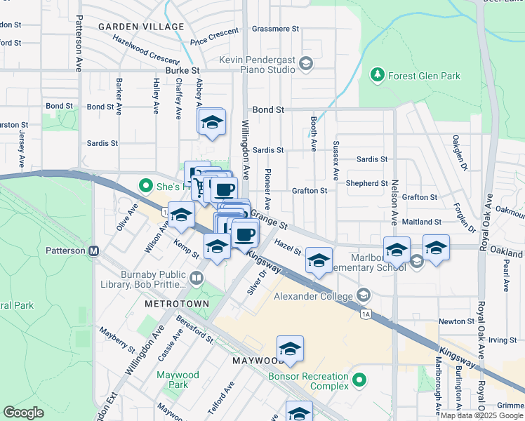 map of restaurants, bars, coffee shops, grocery stores, and more near 4539 Grange Street in Burnaby
