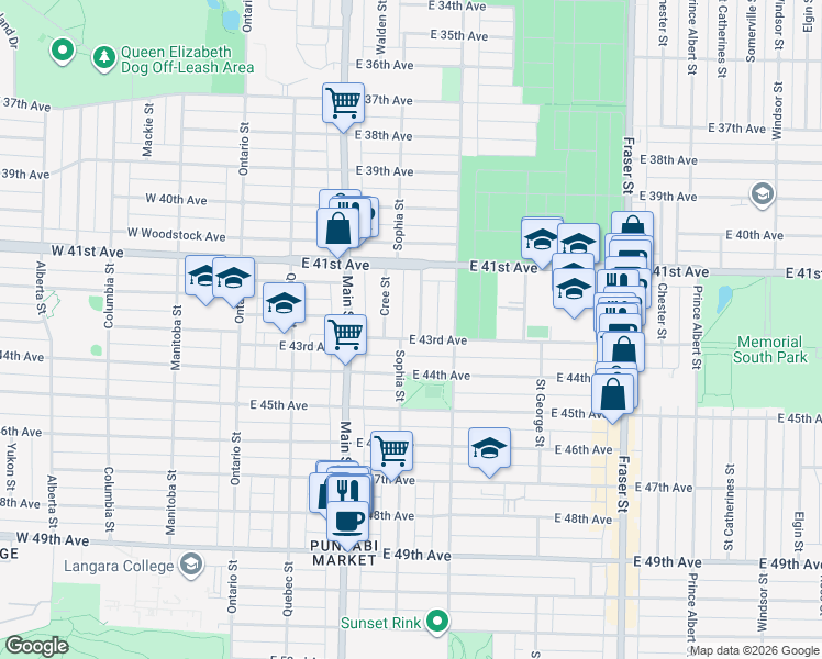 map of restaurants, bars, coffee shops, grocery stores, and more near 5883 Sophia Street in Vancouver
