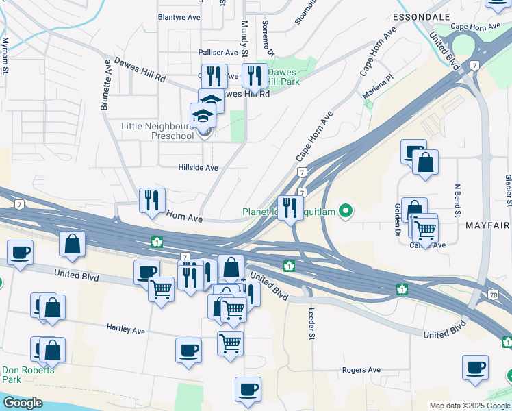 map of restaurants, bars, coffee shops, grocery stores, and more near 2187 Cape Horn Avenue in Coquitlam