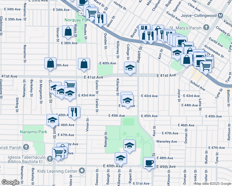 map of restaurants, bars, coffee shops, grocery stores, and more near 5783 Killarney Street in Vancouver