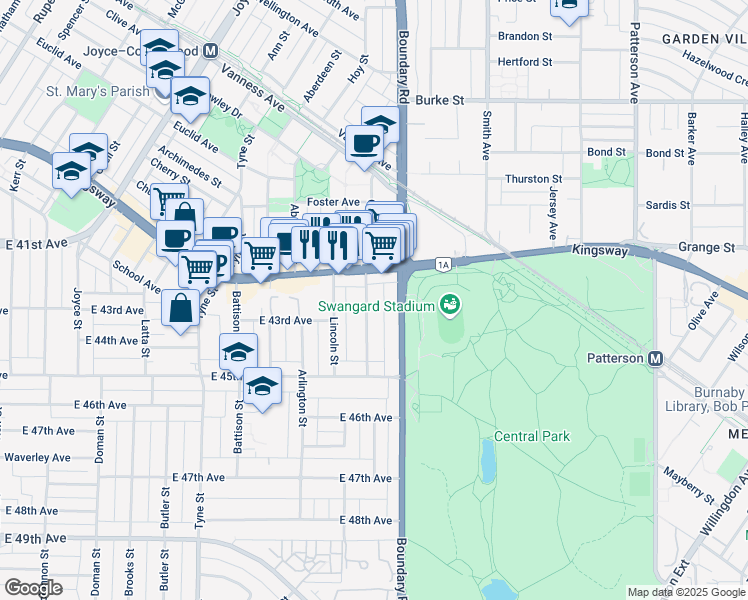 map of restaurants, bars, coffee shops, grocery stores, and more near 5838 Ormidale Street in Vancouver