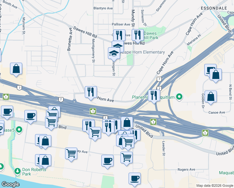 map of restaurants, bars, coffee shops, grocery stores, and more near 87 Mundy Street in Coquitlam