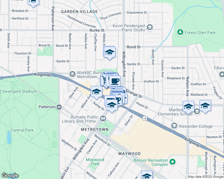 map of restaurants, bars, coffee shops, grocery stores, and more near 4469 Kingsway in Burnaby