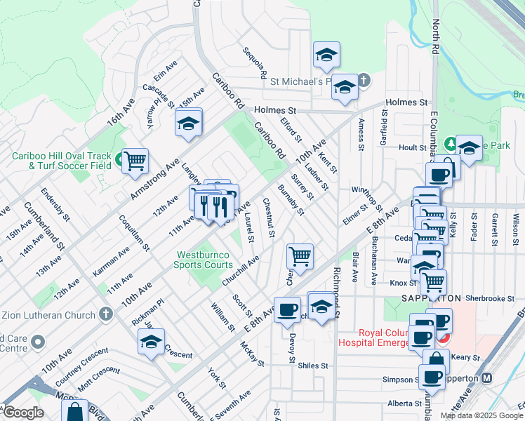 map of restaurants, bars, coffee shops, grocery stores, and more near 926 Chestnut Street in New Westminster