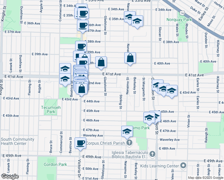 map of restaurants, bars, coffee shops, grocery stores, and more near 2241 East 43rd Avenue in Vancouver