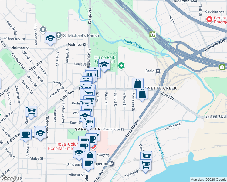 map of restaurants, bars, coffee shops, grocery stores, and more near 116 Braid Street in New Westminster