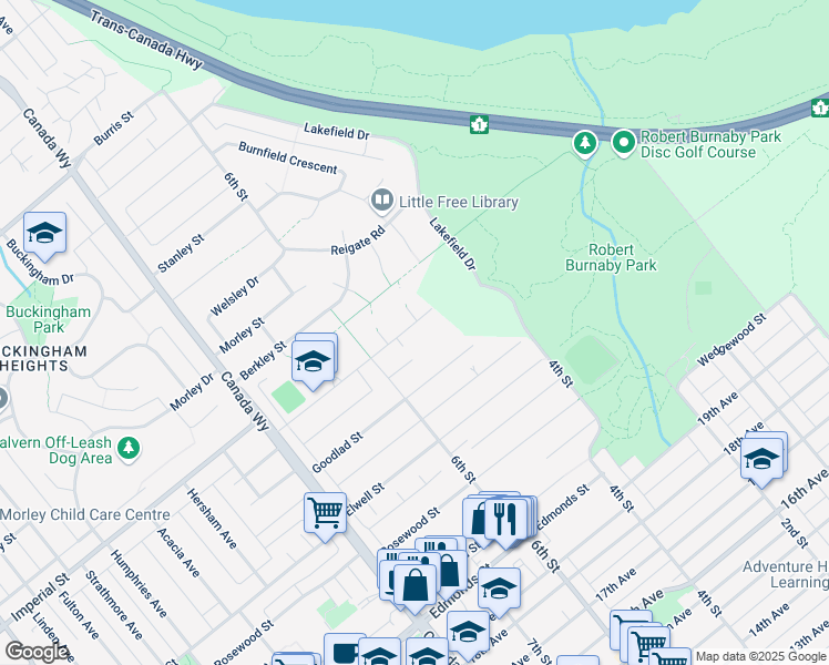 map of restaurants, bars, coffee shops, grocery stores, and more near 7922 Mayfield Street in Burnaby
