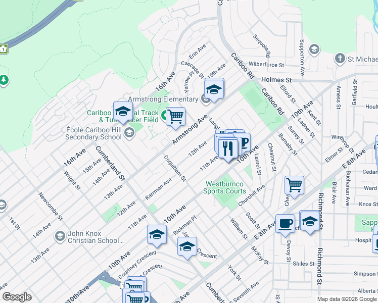 map of restaurants, bars, coffee shops, grocery stores, and more near 8633 12th Avenue in Burnaby