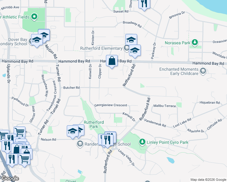 map of restaurants, bars, coffee shops, grocery stores, and more near 5931 Butcher Road in Nanaimo