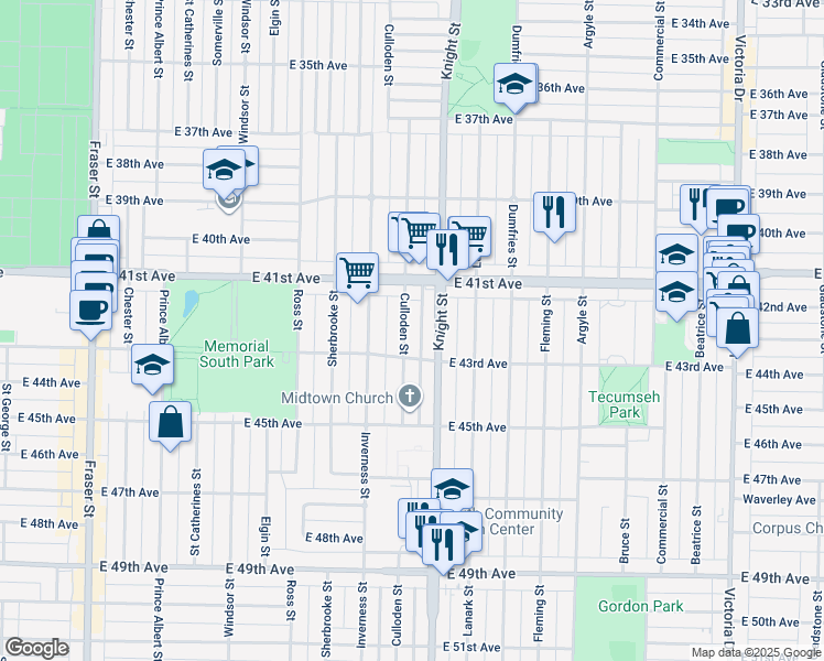 map of restaurants, bars, coffee shops, grocery stores, and more near 5848 Culloden Street in Vancouver