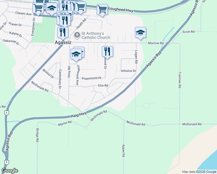 map of restaurants, bars, coffee shops, grocery stores, and more near 7330 Elm Road in Agassiz