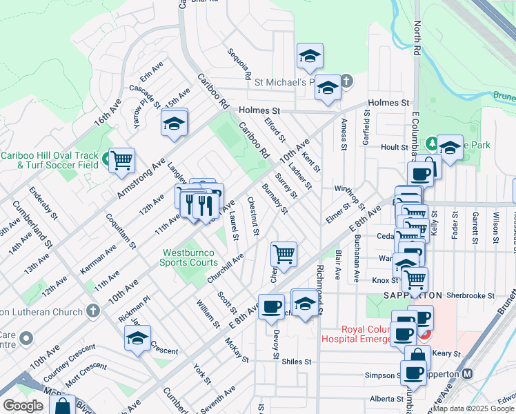 map of restaurants, bars, coffee shops, grocery stores, and more near 926 Chestnut Street in New Westminster