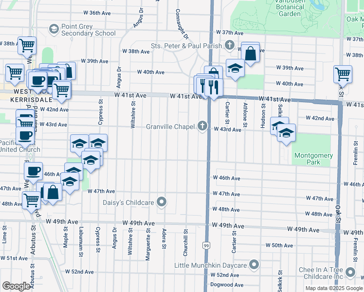 map of restaurants, bars, coffee shops, grocery stores, and more near 6011 Churchill Street in Vancouver