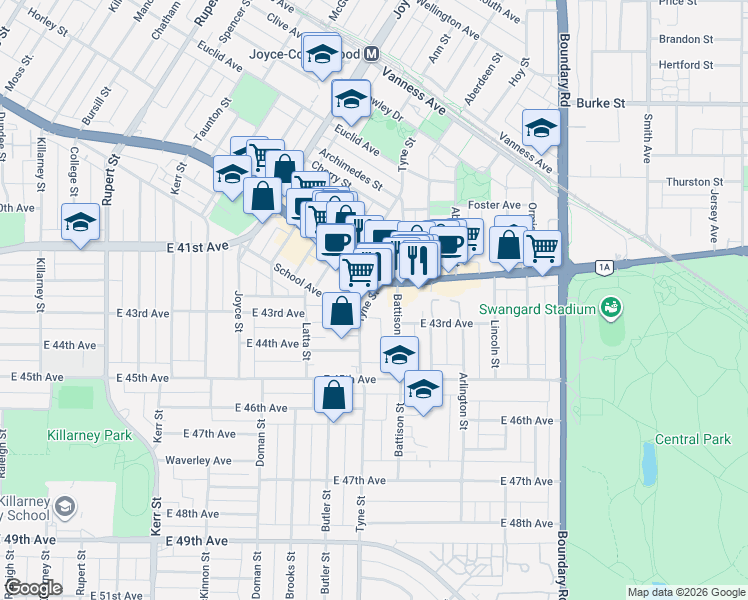 map of restaurants, bars, coffee shops, grocery stores, and more near 5728 Tyne Street in Vancouver