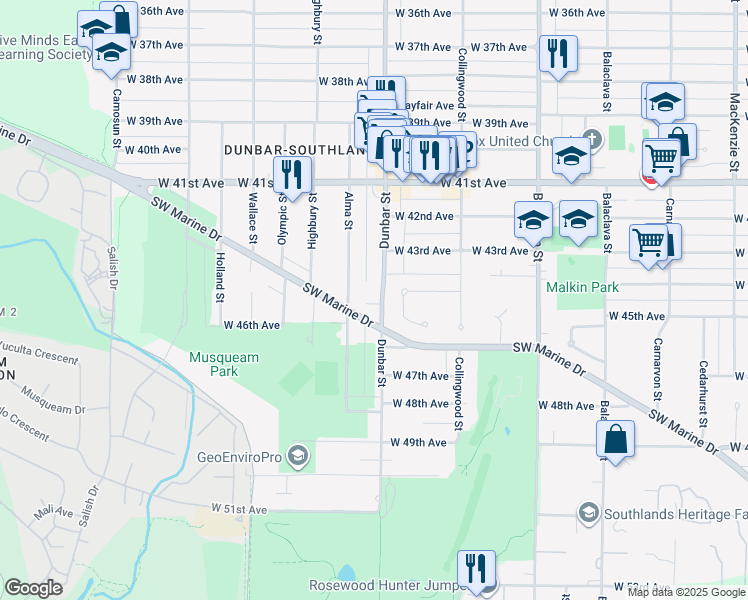 map of restaurants, bars, coffee shops, grocery stores, and more near 6065 Dunbar Street in Vancouver