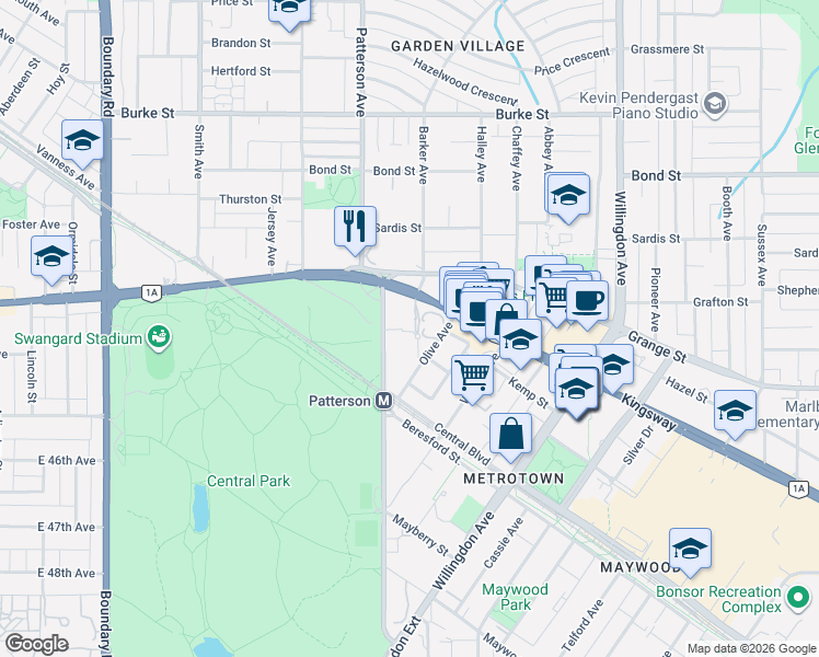 map of restaurants, bars, coffee shops, grocery stores, and more near 5883 Barker Avenue in Burnaby