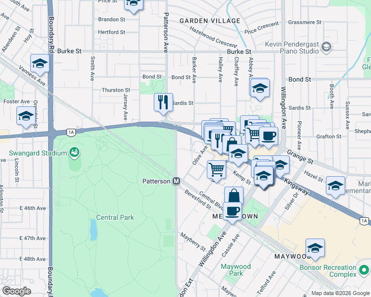 map of restaurants, bars, coffee shops, grocery stores, and more near 5883 Barker Avenue in Burnaby