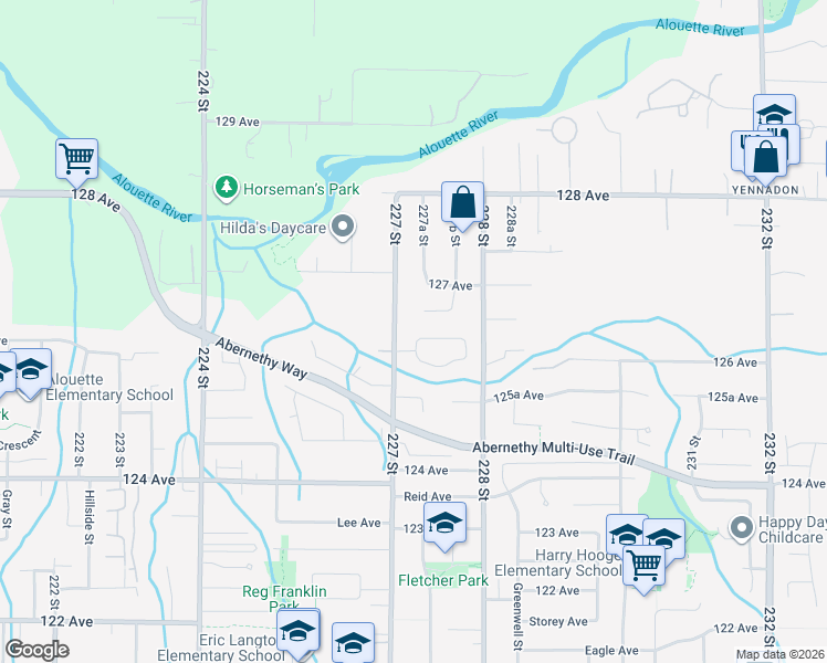 map of restaurants, bars, coffee shops, grocery stores, and more near 22707 Balabanian Circle in Maple Ridge