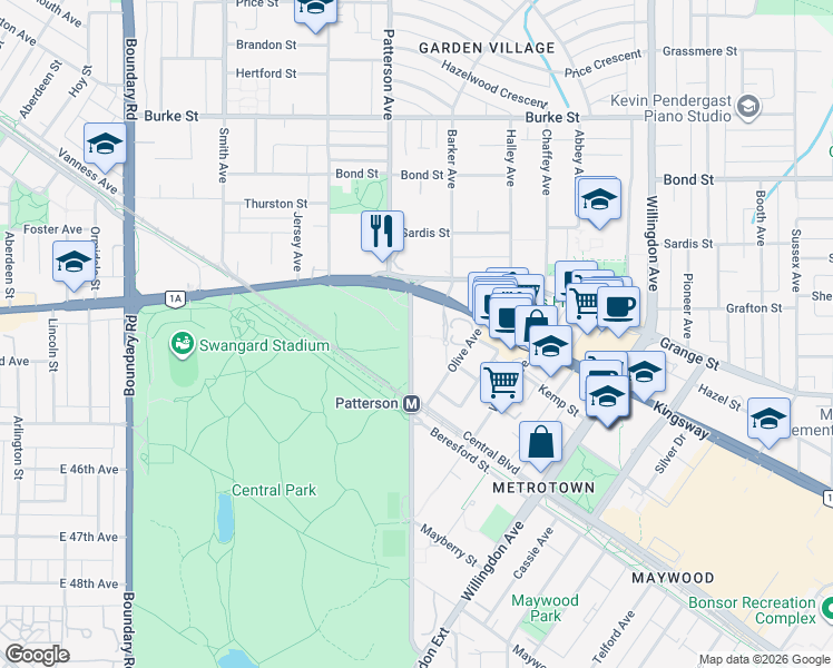 map of restaurants, bars, coffee shops, grocery stores, and more near 5822 Patterson Avenue in Burnaby